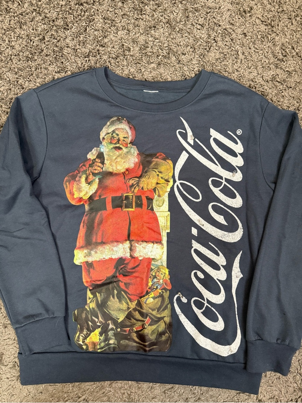 Coca Cola Navy Blue Crewneck Sweatshirt with Santa Graphic